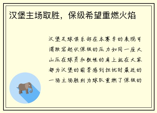 汉堡主场取胜，保级希望重燃火焰