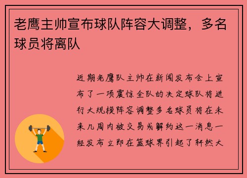 老鹰主帅宣布球队阵容大调整，多名球员将离队