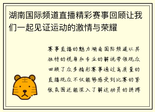 湖南国际频道直播精彩赛事回顾让我们一起见证运动的激情与荣耀