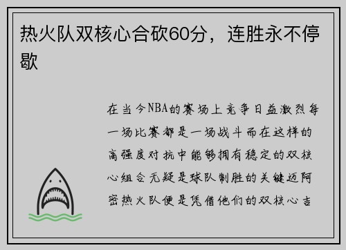 热火队双核心合砍60分，连胜永不停歇